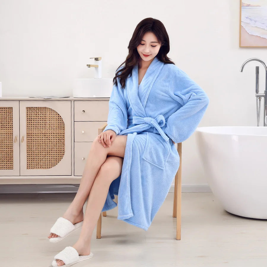 peignoir de bain col châle femme bleu clair