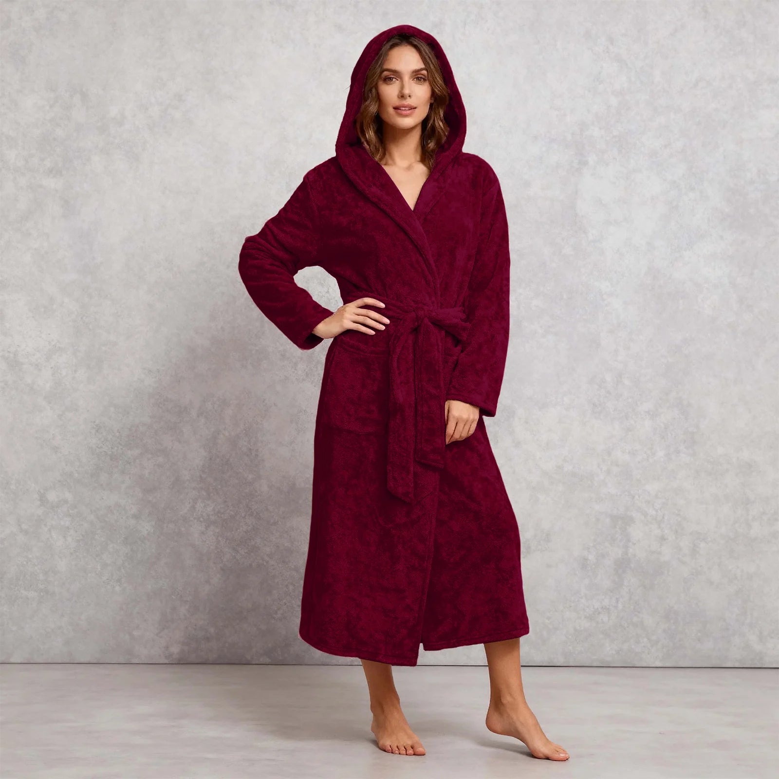 peignoir de bain femme moelleux avec capuche bordeaux