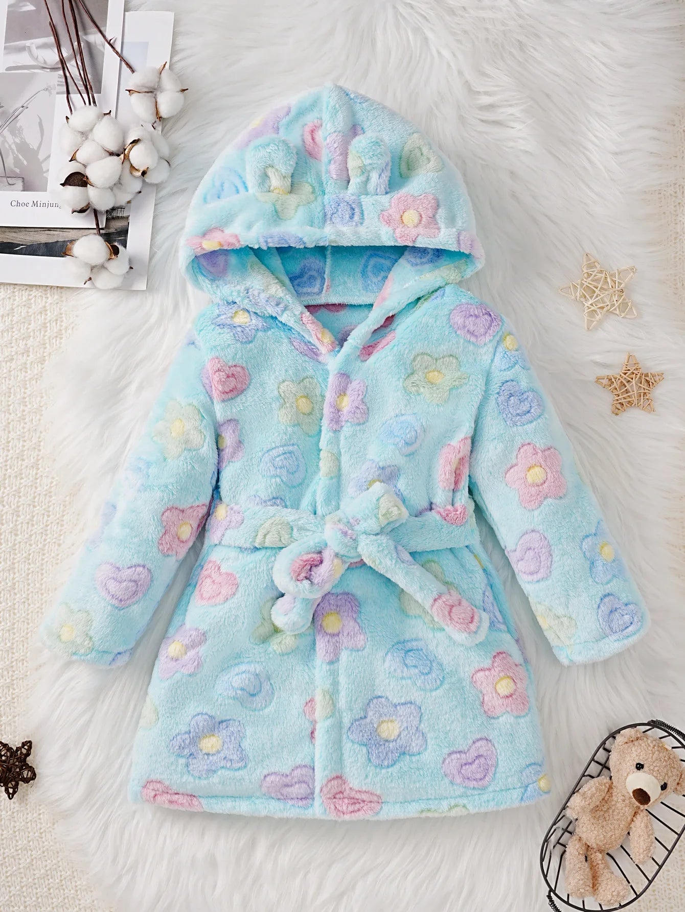 peignoir de bain fille 6 ans bleu fleurs