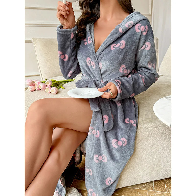 peignoir de bain imprimé femme noeuds gris