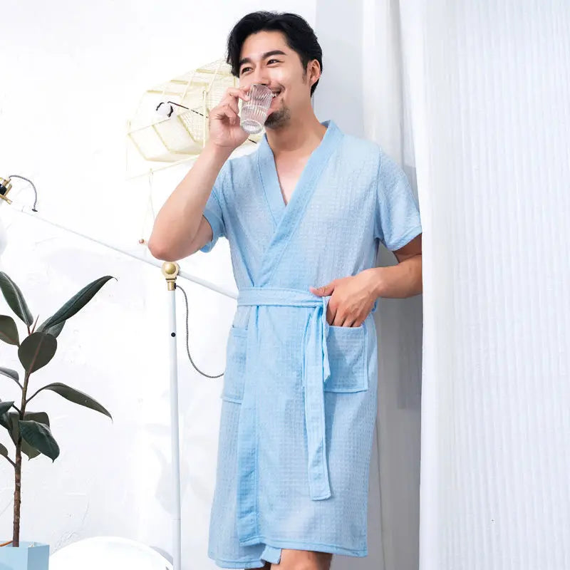 peignoir de bain mixte bleu manches courtes homme